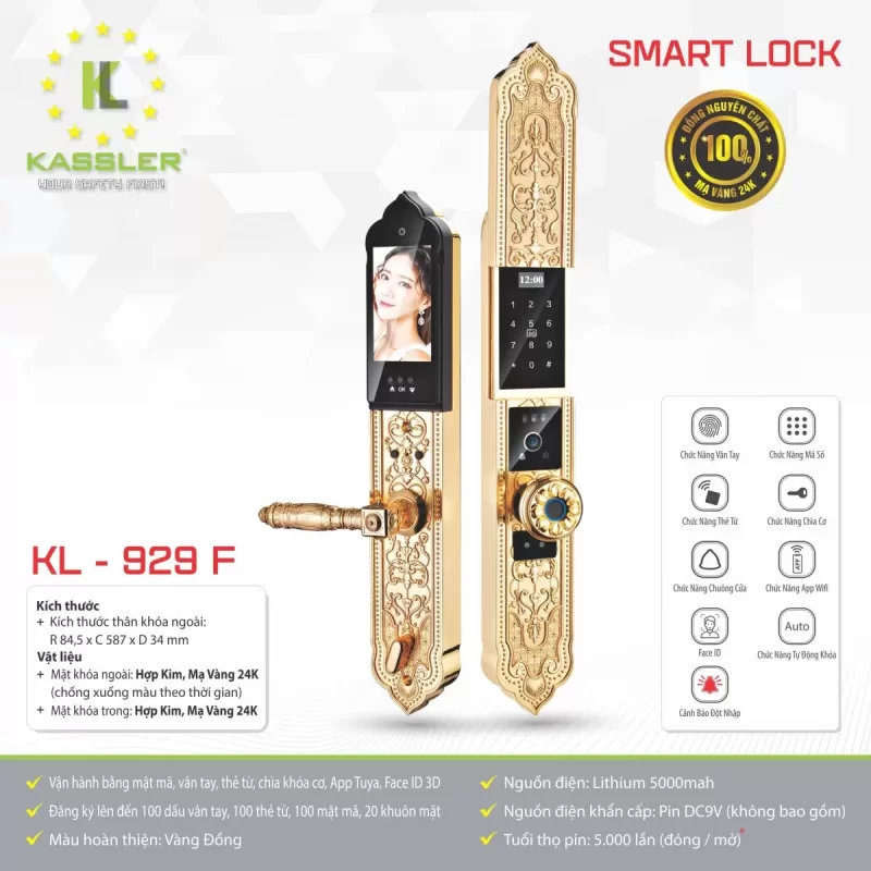KHOÁ CỬA GỖ KASSLER KL 929 F GOLD FACE ID