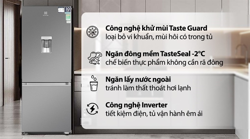 TỦ LẠNH ELECTROLUX NGĂN ĐÁ DƯỚI EBB3442K-A ULTIMATETASTE 300 308L MÀU BẠC ( CÓ NGĂN ĐÔNG MỀM)