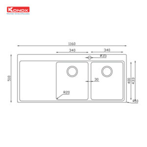 CHẬU RỬA BÁT KONOX TURKEY SINK MIRO 1160 - Chau rua bat Turkey Sink Miro 1160 ban ve