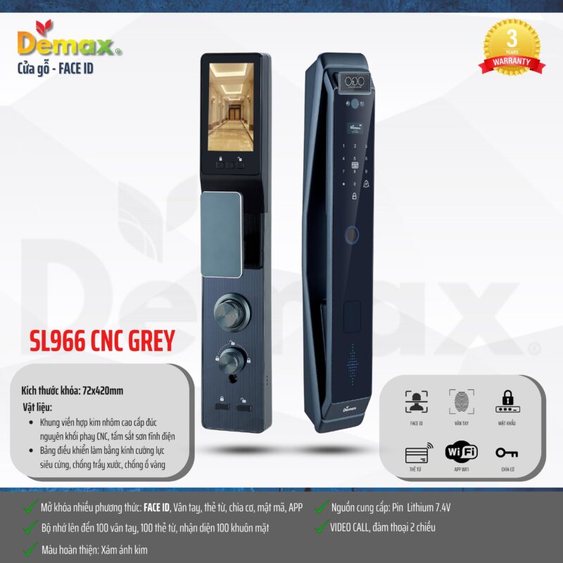 KHÓA CỬA FACE ID APP WIFI DEMAX SL966 GREY CNC