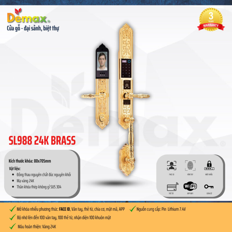 KHÓA CỬA ĐIỆN TỬ FACE ID APP WIFI DEMAX SL988 24K BRASS ĐÚC ĐỒNG NGUYÊN CHẤT