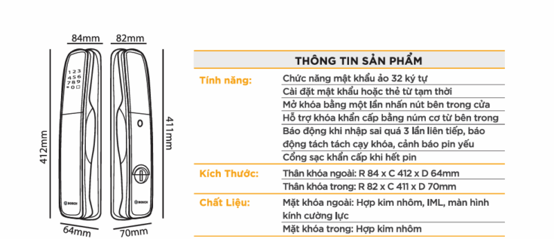 THÔNG SỐ KỸ THUẬT KHÓA CỬA VÂN TAY APP WIFI BOSCH EL800X EU AMBER GOLD