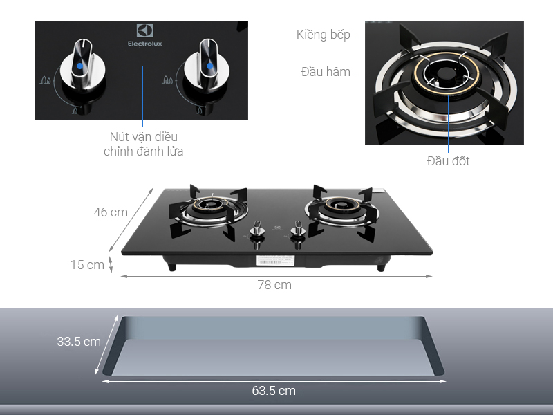 BẾP GA ÂM ELECTROLUX EHG723BA 2 MÂM CHIA LỬA 78CM