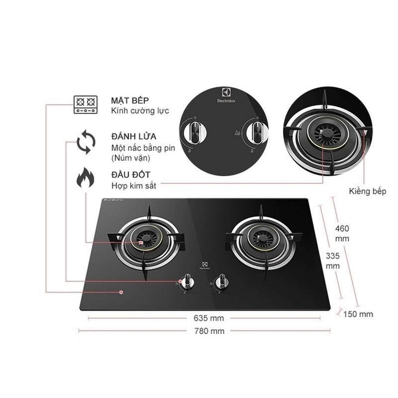BẾP GA ÂM ELECTROLUX EHG723BA 2 MÂM CHIA LỬA 78CM