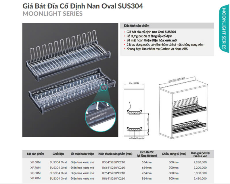 THÔNG SỐ KỸ THUẬT CỦA GIÁ BÁT ĐĨA CỐ ĐỊNH NAN OVAL SUS304 GRANDX XF.80M