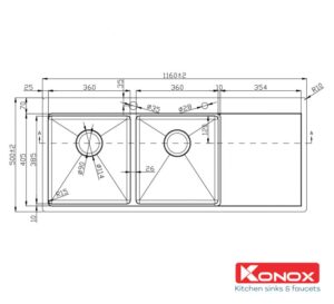CHẬU RỬA BÁT KONOX WORKSTATION SINK – TOPMOUNT SINK KN11650TD BÀN PHẢI - chau rua bat Workstation Sink Topmount Sink KN11650TD thong so ky thuat 800x728 1