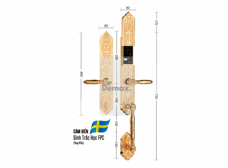 KHÓA CỬA ĐẠI SẢNH APP WIFI DEMAX SL8882 BRASS 24K ĐÚC ĐỒNG NGUYÊN CHẤT -
