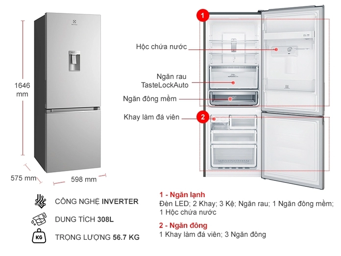 TỦ LẠNH ELECTROLUX NGĂN ĐÁ DƯỚI EBB3442K-A ULTIMATETASTE 300 308L MÀU BẠC ( CÓ NGĂN ĐÔNG MỀM)