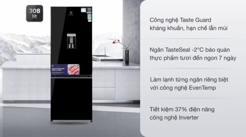 TỦ LẠNH ELECTROLUX NGĂN ĐÁ DƯỚI EBB3442K-H INVERTER ULTIMATETASTE 300 308L MÀU ĐEN BÓNG ( CÓ NGĂN ĐÔNG MỀM)