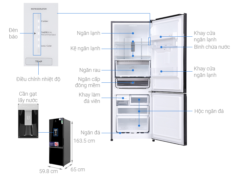 TỦ LẠNH ELECTROLUX NGĂN ĐÁ DƯỚI EBB3442K-H INVERTER ULTIMATETASTE 300 308L MÀU ĐEN BÓNG ( CÓ NGĂN ĐÔNG MỀM)