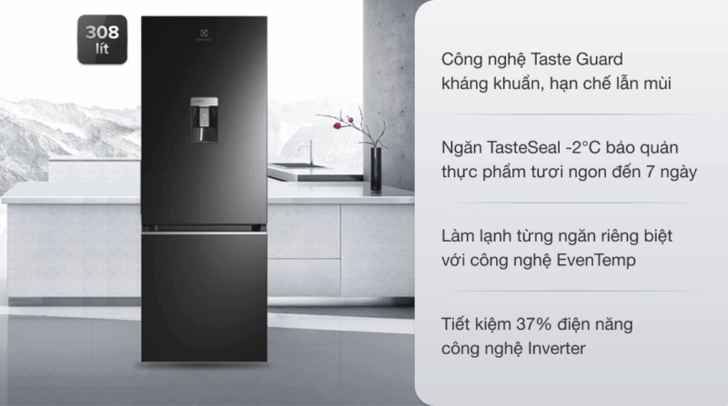 TỦ LẠNH ELECTROLUX NGĂN ĐÁ DƯỚI EBB3462K-H INVERTER ULTIMATETASTE 300 308L MÀU ĐEN BÓNG ( CÓ NGĂN ĐÔNG MỀM)