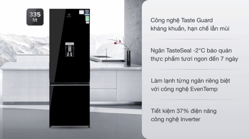 TỦ LẠNH ELECTROLUX NGĂN ĐÁ DƯỚI EBB3742K-H INVERTER ULTIMATETASTE 300 335L MÀU ĐEN BÓNG ( CÓ NGĂN ĐÔNG MỀM)