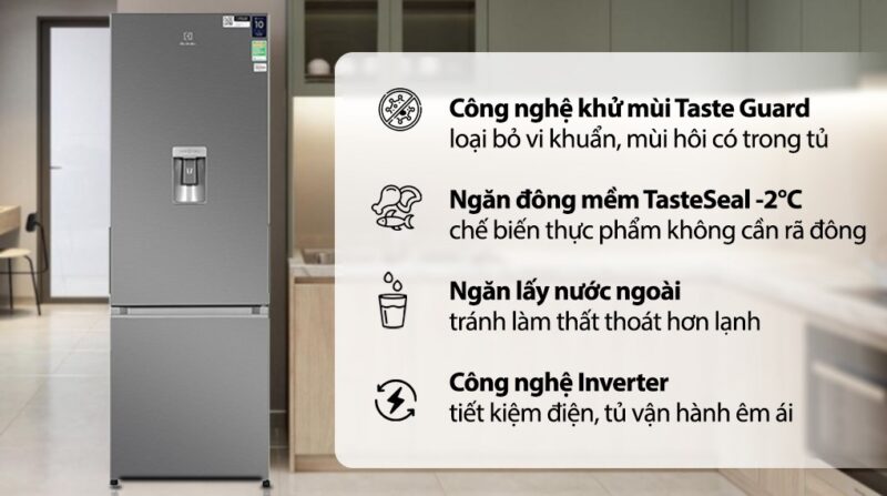 TỦ LẠNH ELECTROLUX NGĂN ĐÁ DƯỚI EBB3742K-A INVERTER ULTIMATETASTE 300 335L MÀU BẠC ( CÓ NGĂN ĐÔNG MỀM)