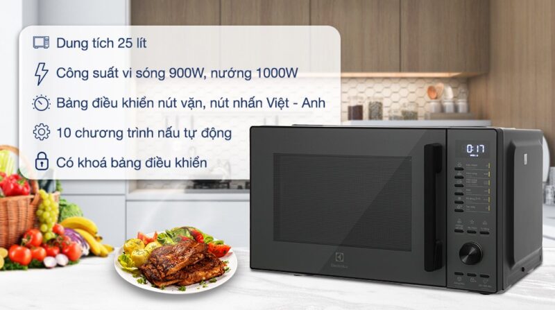 LÒ VI SÓNG ELECTROLUX ĐỂ BÀN TÍCH HỢP NƯỚNG ĐỐI LƯU 25L ULTIMATETASTE 500 EMG25D22BM