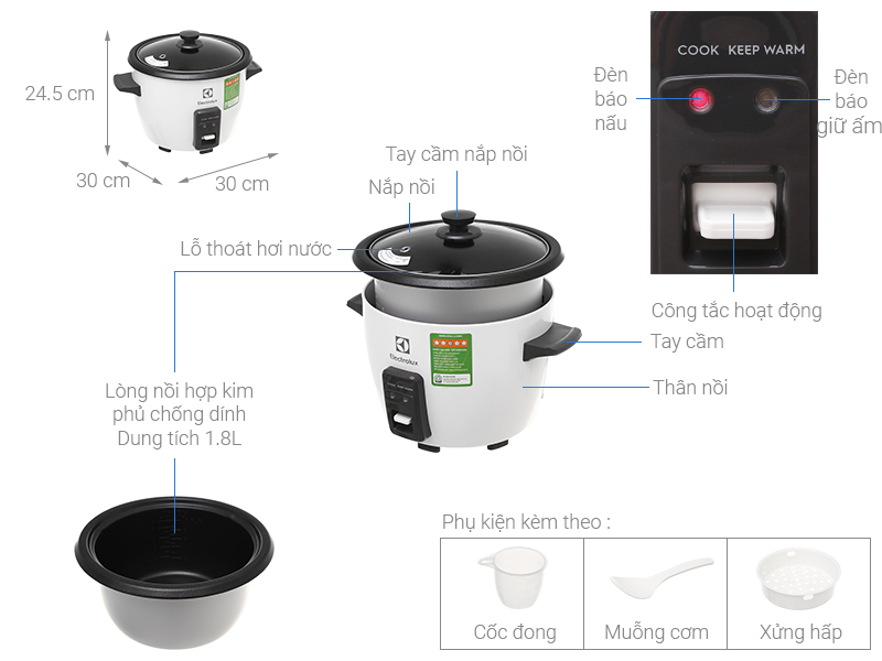 NỒI CƠM ĐIỆN ELECTROLUX 1.8L E2RC1-320W - nap roi 18 lit electrolux e2rc1 320w 13 1
