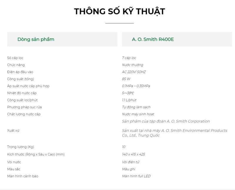MÁY LỌC NƯỚC A. O. SMITH R400E