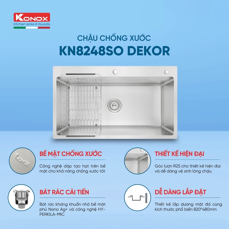 CHẬU RỬA BÁT CHỐNG XƯỚC KONOX WORKSTATION SINK KN8248SO DEKOR - tinh nang chau rua bat 1 ho chong xuoc Konox KN8248SO Dekor