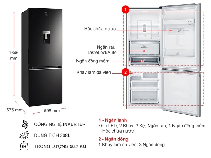 TỦ LẠNH ELECTROLUX NGĂN ĐÁ DƯỚI EBB3462K-H INVERTER ULTIMATETASTE 300 308L MÀU ĐEN BÓNG ( CÓ NGĂN ĐÔNG MỀM)