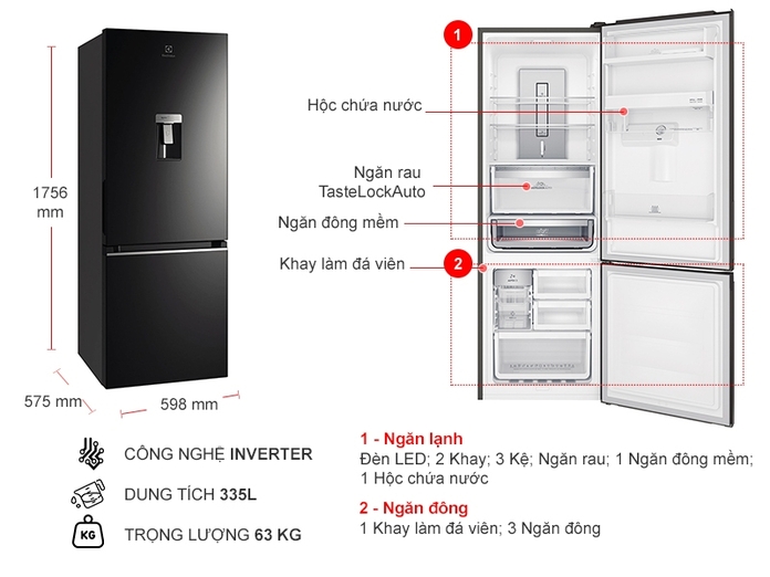 TỦ LẠNH ELECTROLUX NGĂN ĐÁ DƯỚI EBB3762K-H INVERTER ULTIMATETASTE 300 335L MÀU ĐEN BÓNG ( CÓ NGĂN ĐÔNG MỀM)