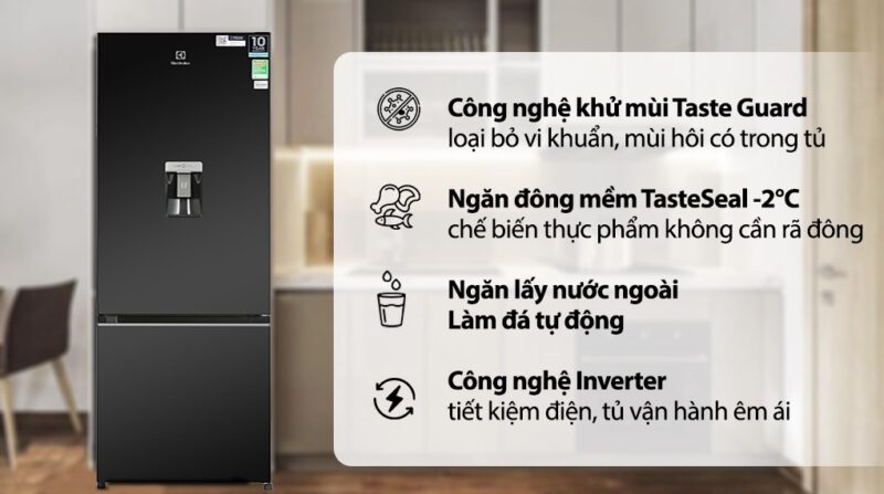 TỦ LẠNH ELECTROLUX NGĂN ĐÁ DƯỚI EBB3762K-H INVERTER ULTIMATETASTE 300 335L MÀU ĐEN BÓNG ( CÓ NGĂN ĐÔNG MỀM)