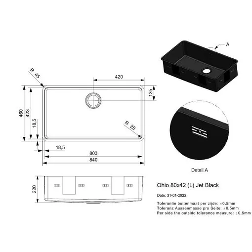 CHẬU RỬA BÁT 1 HỐ REGINOX OHIO 80 42 MẠ ĐEN HMH.R32688 - 10