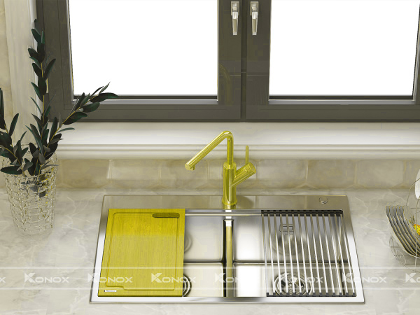 VÒI RỬA BÁT DÂY RÚT KONOX ARTAN GOLD - lap dat thuc te voi rua bat rut day konox artan gold