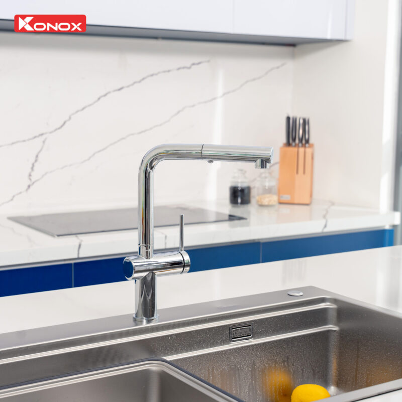 VÒI RỬA BÁT DÂY RÚT KONOX STREAM CHROME - voi rua bat day rut nong lanh Konox Stream Chrome 10 scaled 2