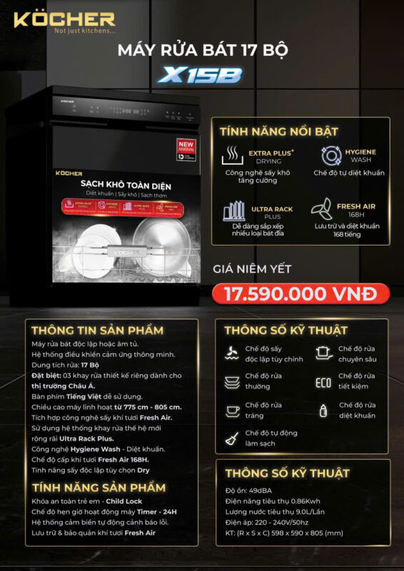 THÔNG SỐ KỸ THUẬT MÁY RỬA BÁT KOCHER X155B