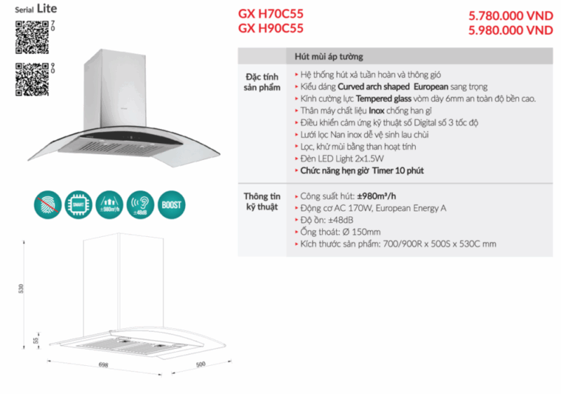 THÔNG SỐ KỸ THUẬT MÁY HÚT MÙI GRANDX GX-H70C55