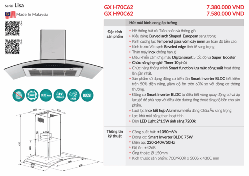 THÔNG SỐ KỸ THUẬT MÁY HÚT MÙI GRANDX GX-H90C62