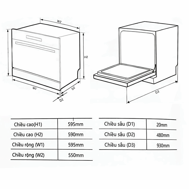 KÍCH THƯỚC MÁY RỬA BÁT MÀU ĐEN CHEFS EH-DW408DB